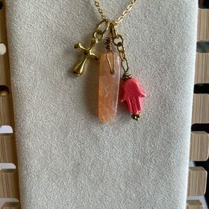Handmade Peach Agate Pendant Necklace – GoldTone Cross & Pink Hamsa Charm